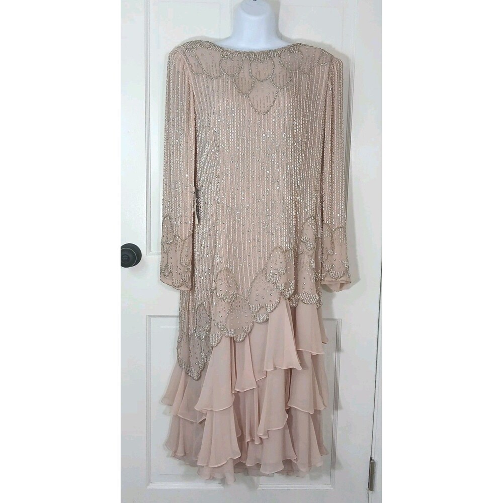 NWT Jack Bryan Beaded Chiffon Dress Size 14 Blush Pink Formal Evening Gown - Picture 9 of 16